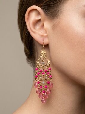 Gold and Pink Beaded Chandelier Earrings - Women Jewelry